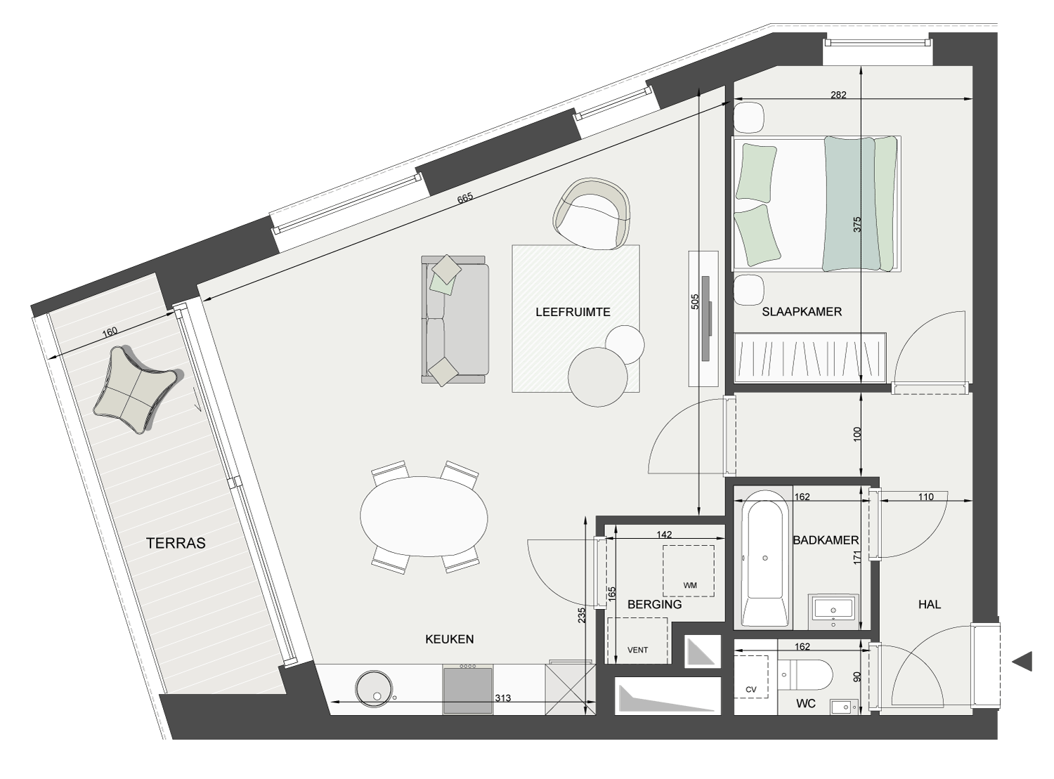 Plan appartement 1 slaapkamer