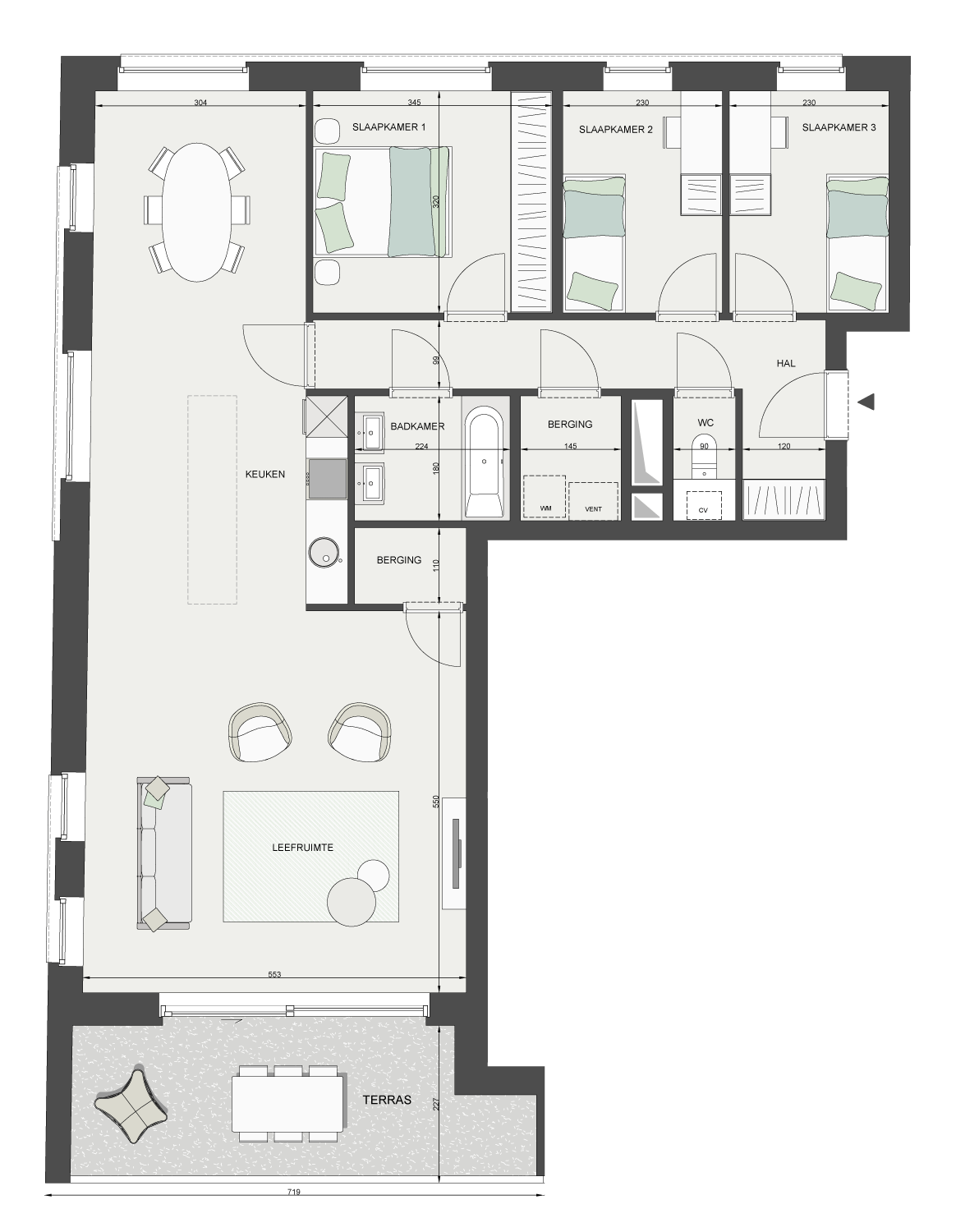 Plan appartement 3 slaapkamers